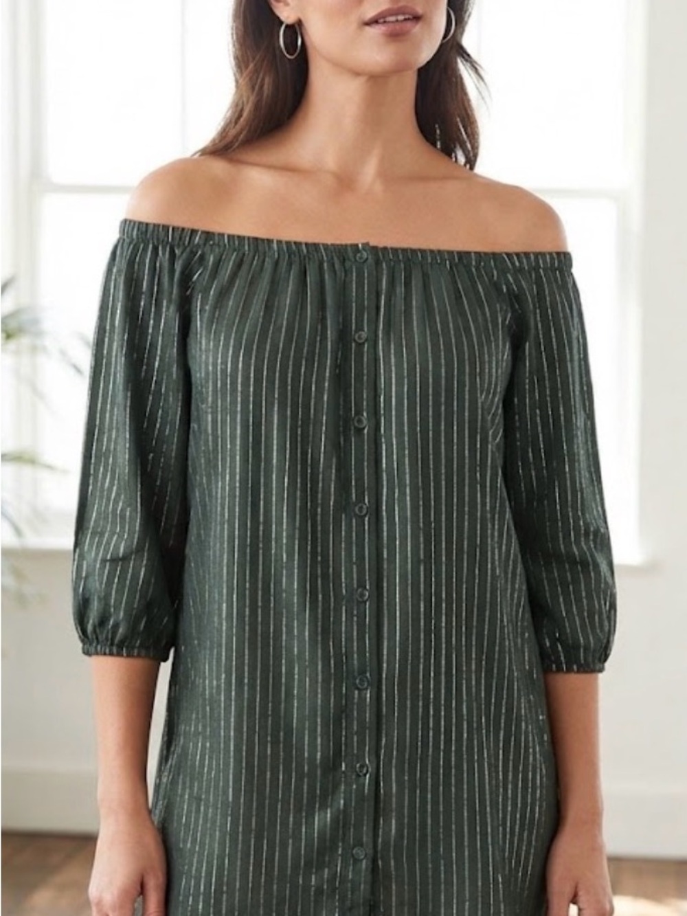 Paper Moon Green White Striped Off Shoulder Button Front Tunic Top Size M